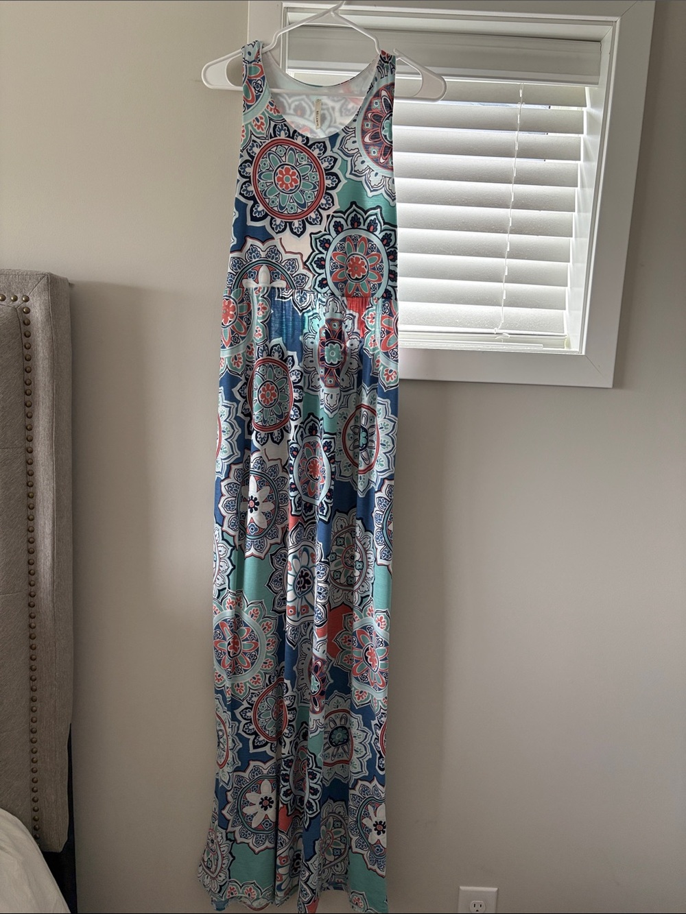 Sleeveless Maxi Dress in Teal, Navy & Coral Medallion Print - pockets, stretchy!